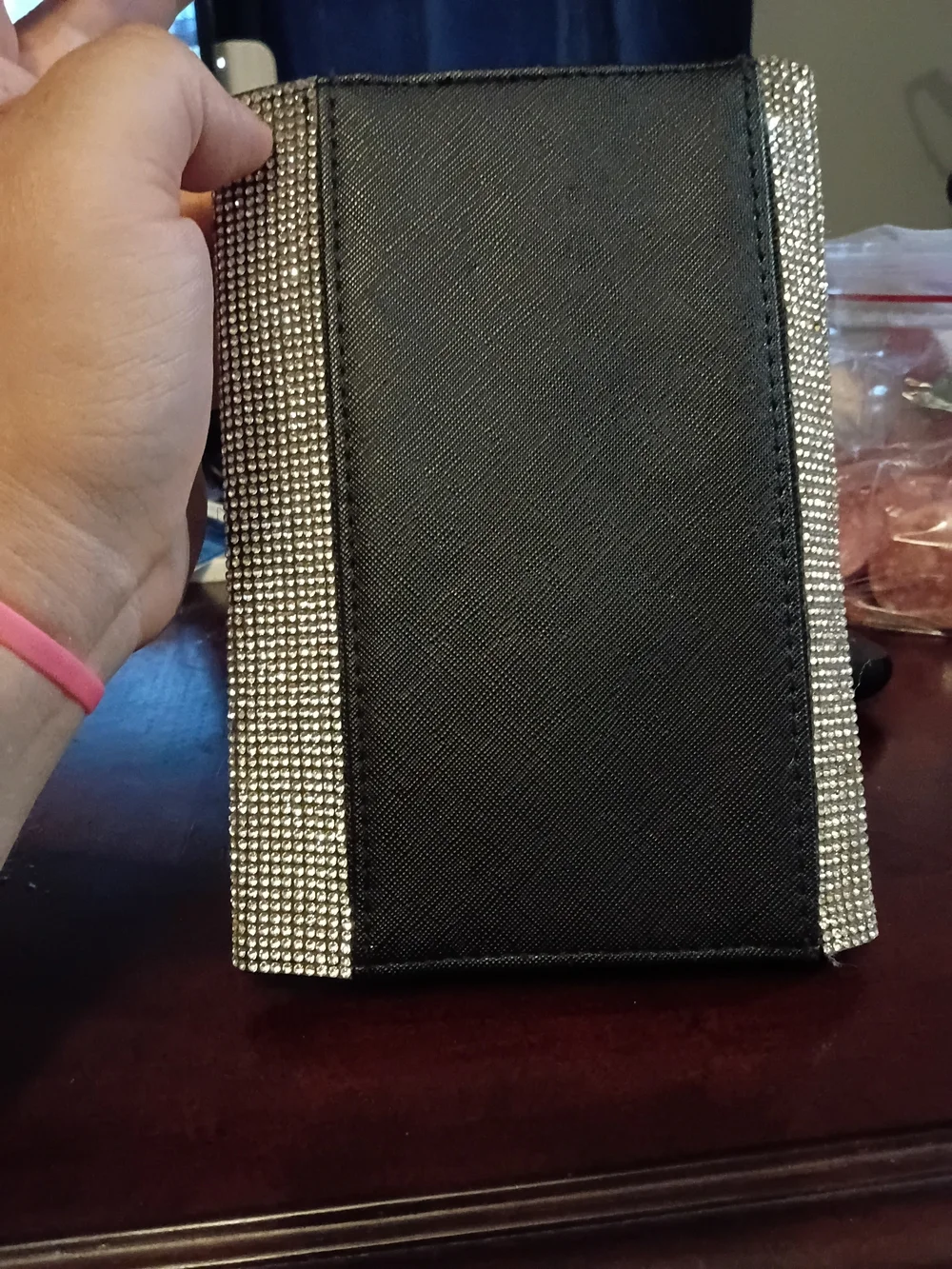 Silver Crystal Envelope Clutch with Black Trim